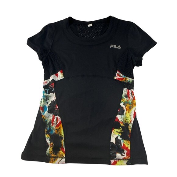 Fila Sport Women's Medium Black Athletic T Shirt Mesh Panels Paint Splatter Prin - Picture 1 of 8